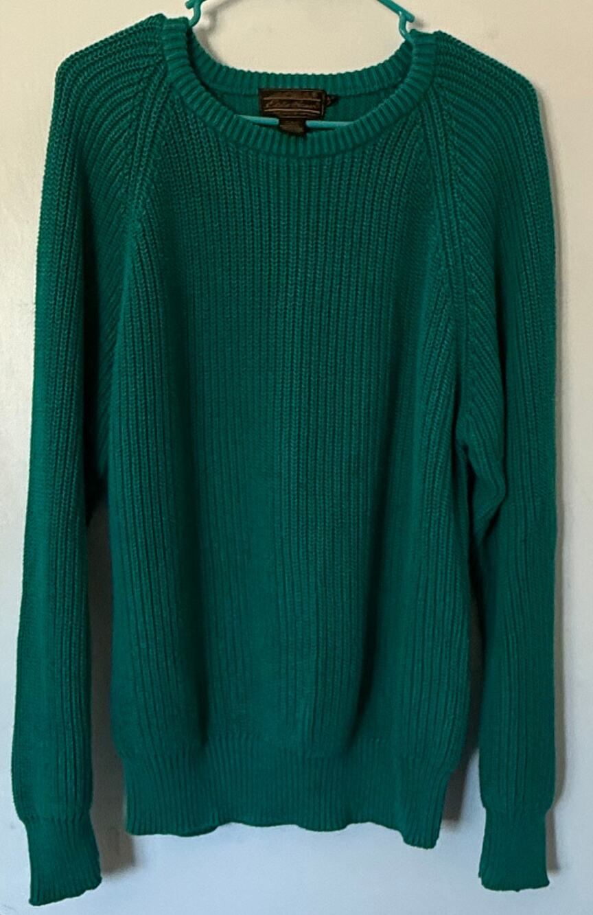 Vintage 80s Eddie Bauer Shaker Knit Sweater-Teal Green Cotton